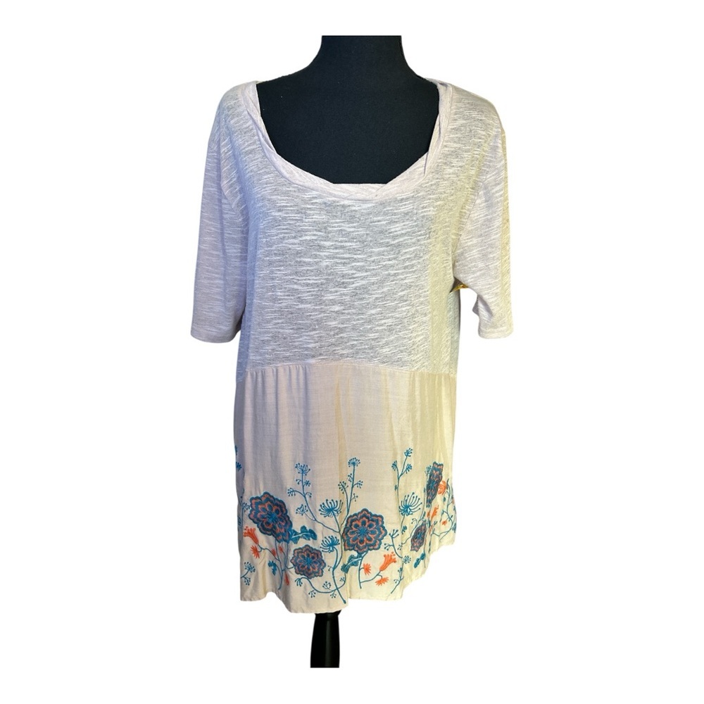 Umgee Women Floral Embroidered Tan Teal Lightweight 3/4 Sleeve Dress Size Small